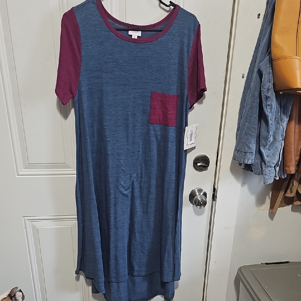 LuLaRoe Blue and Burgundy Pocket Midi Dress